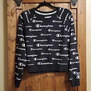 Champion Cropped Logo Sweatshirt Black White Medium